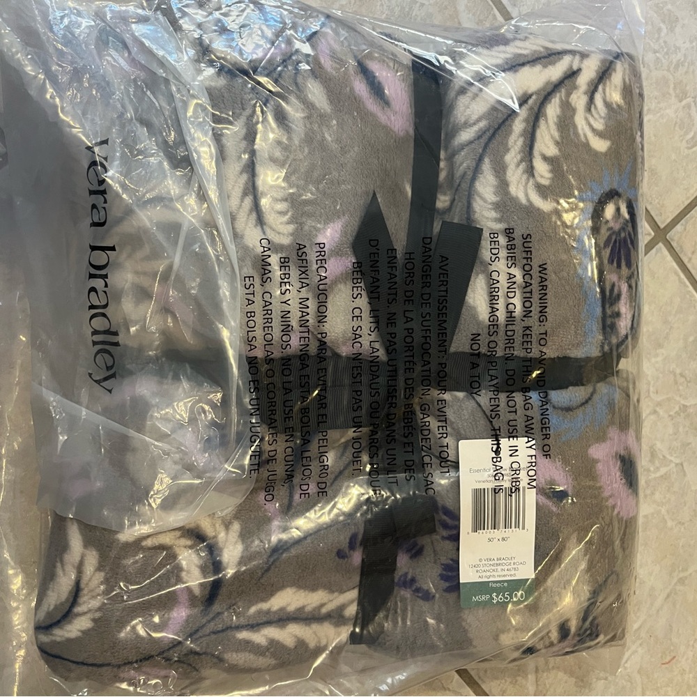 Vera Bradley Venetian Paisley Ice Blue Gray and Purple Floral Blanket